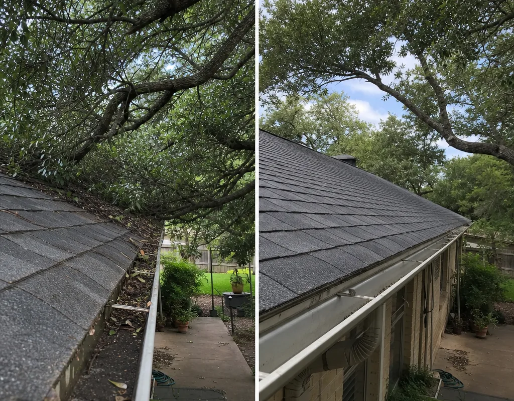 Before and after backyard canopy reduction away from a roof with improved separation from shingles and gutters
