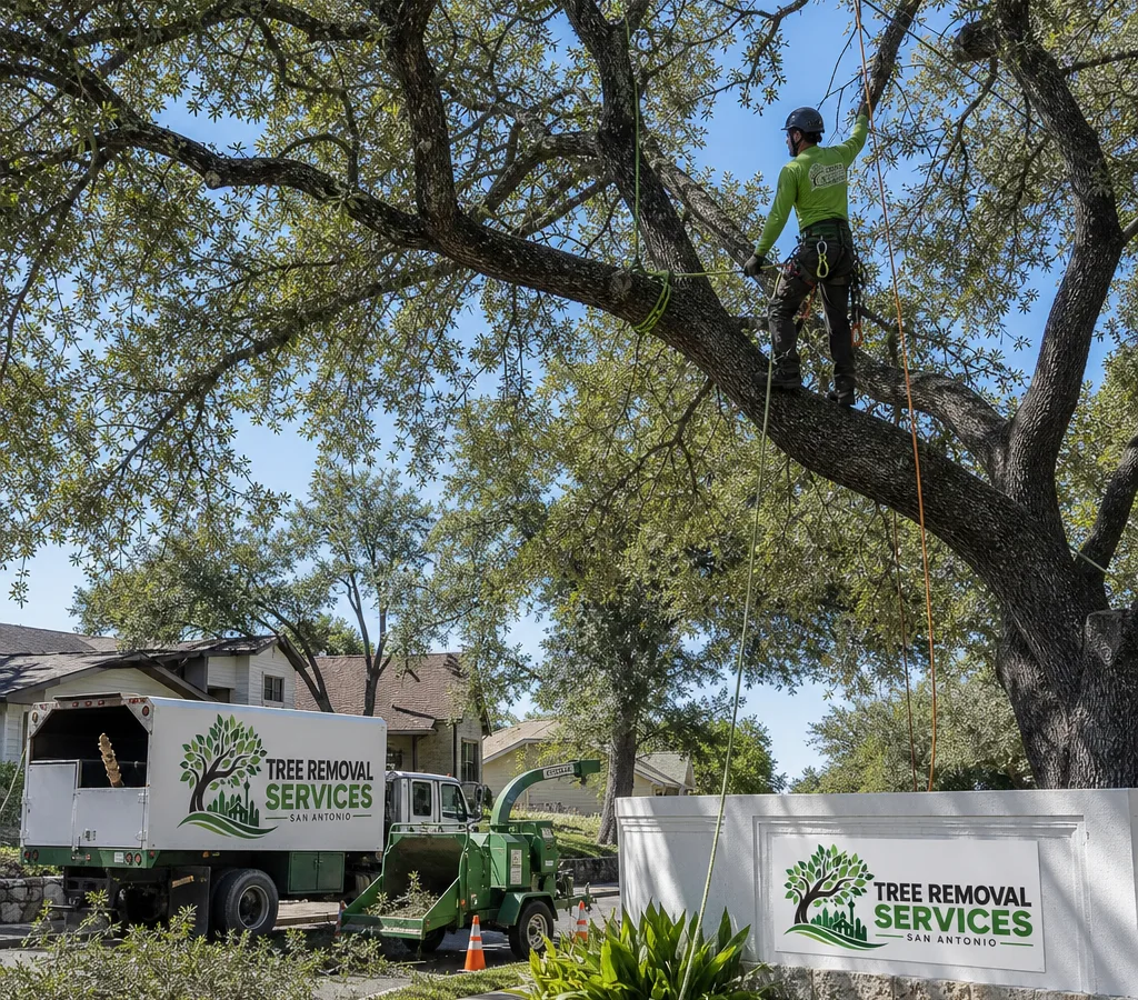 Crew member in PPE trimming a live oak canopy in a San Antonio front yard with ropes and a chipper truck staged at the curb
