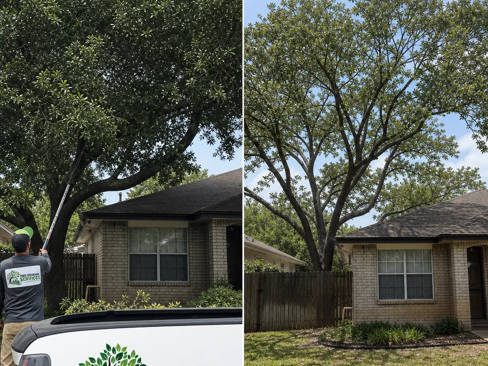 Backyard tree canopy before and after professional trimming with improved roof clearance and a natural canopy