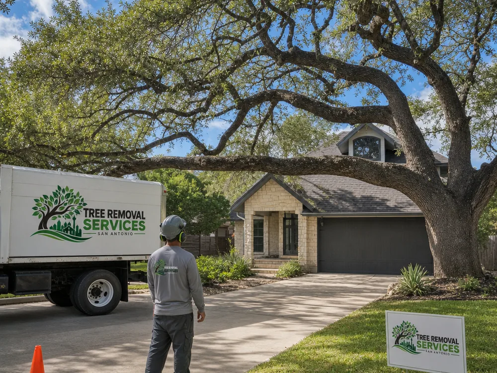 Trimmed live oak over a driveway with raised canopy, clean cut placement, and a tidy driveway