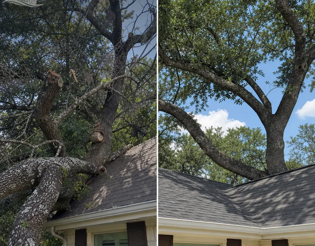 Before and after selective reduction of a live oak overhanging a San Antonio roof, with deadwood removed and clearance improved