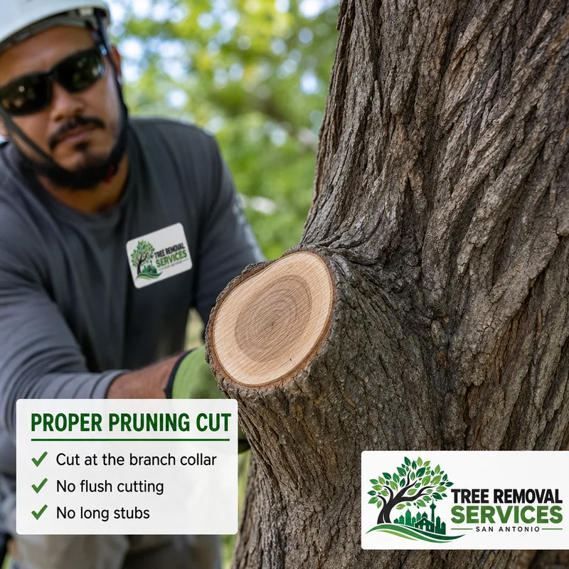 Close view of a clean pruning cut placed correctly at the branch collar
