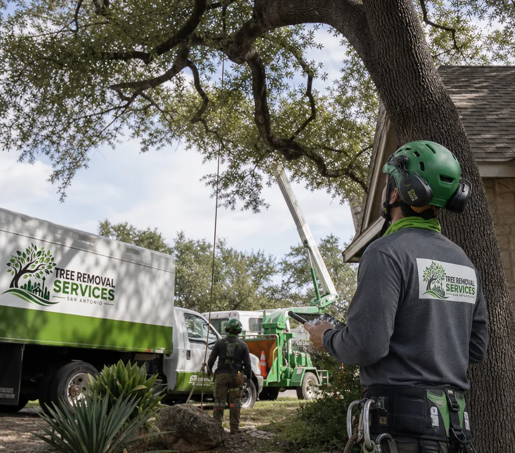 Certified arborist assessing a large live oak near a San Antonio roofline while a crew and rigging equipment are staged safely nearby