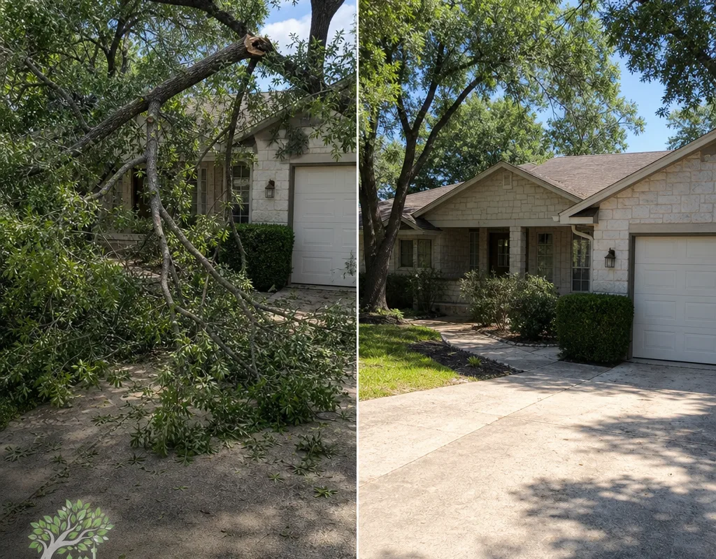 Before and after a storm-broken limb over a San Antonio driveway was removed, leaving clear access and a clean canopy