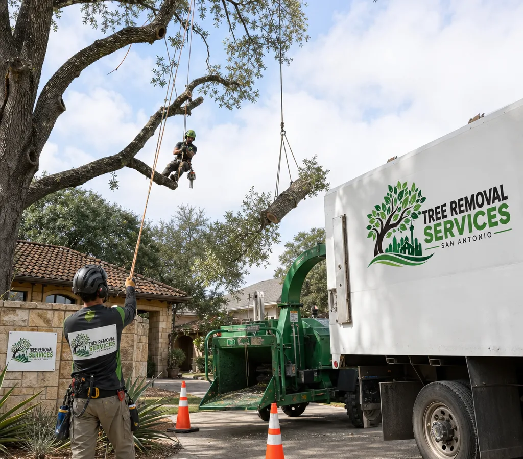 Tree crew in San Antonio performing controlled limb lowering with ropes near a home, with a chipper and safety cones visible