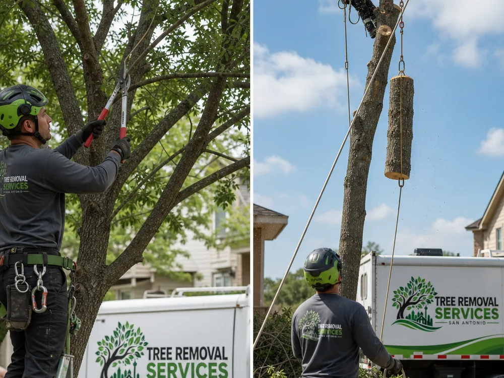 Mature tree being pruned with proper thinning cuts beside a tree being removed in sections using rigging lines