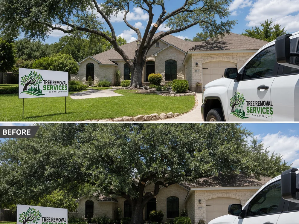Cleanly pruned mature oak with improved roof clearance and balanced canopy after selective thinning cuts