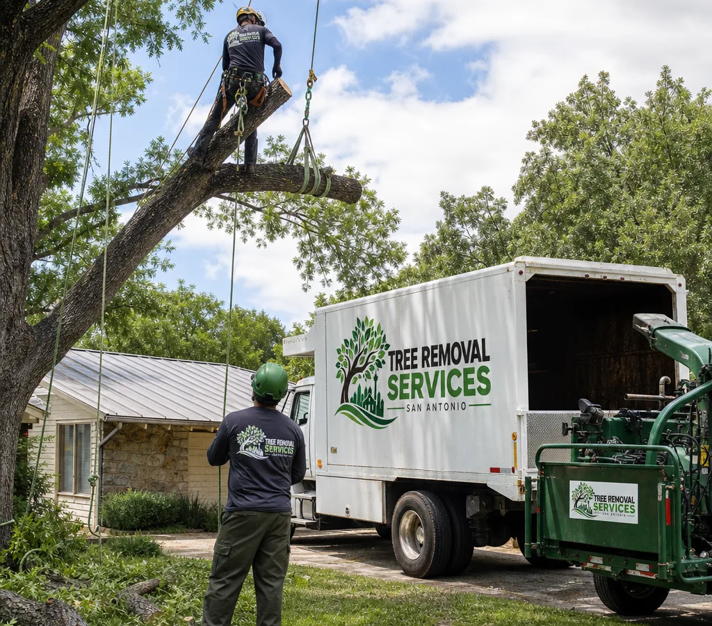 Crew performing a controlled sectional tree removal in a San Antonio residential yard with ropes, rigging, and a chipper staged away from the home