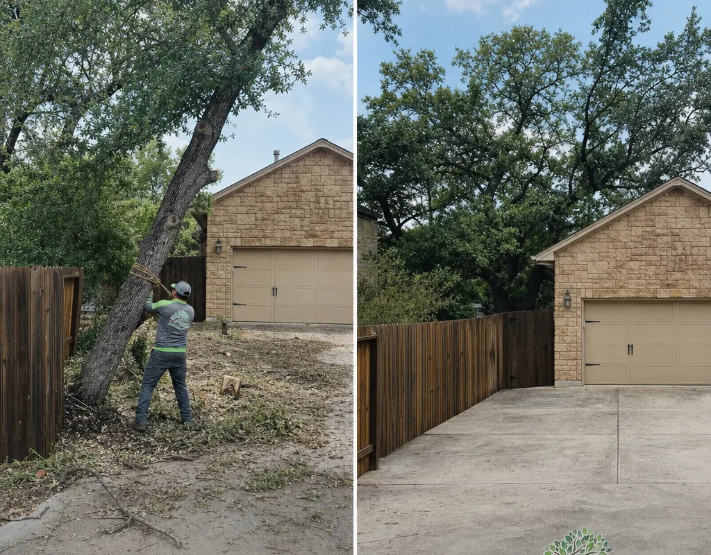 Before and after view of a leaning tree removed beside a driveway with debris hauled off