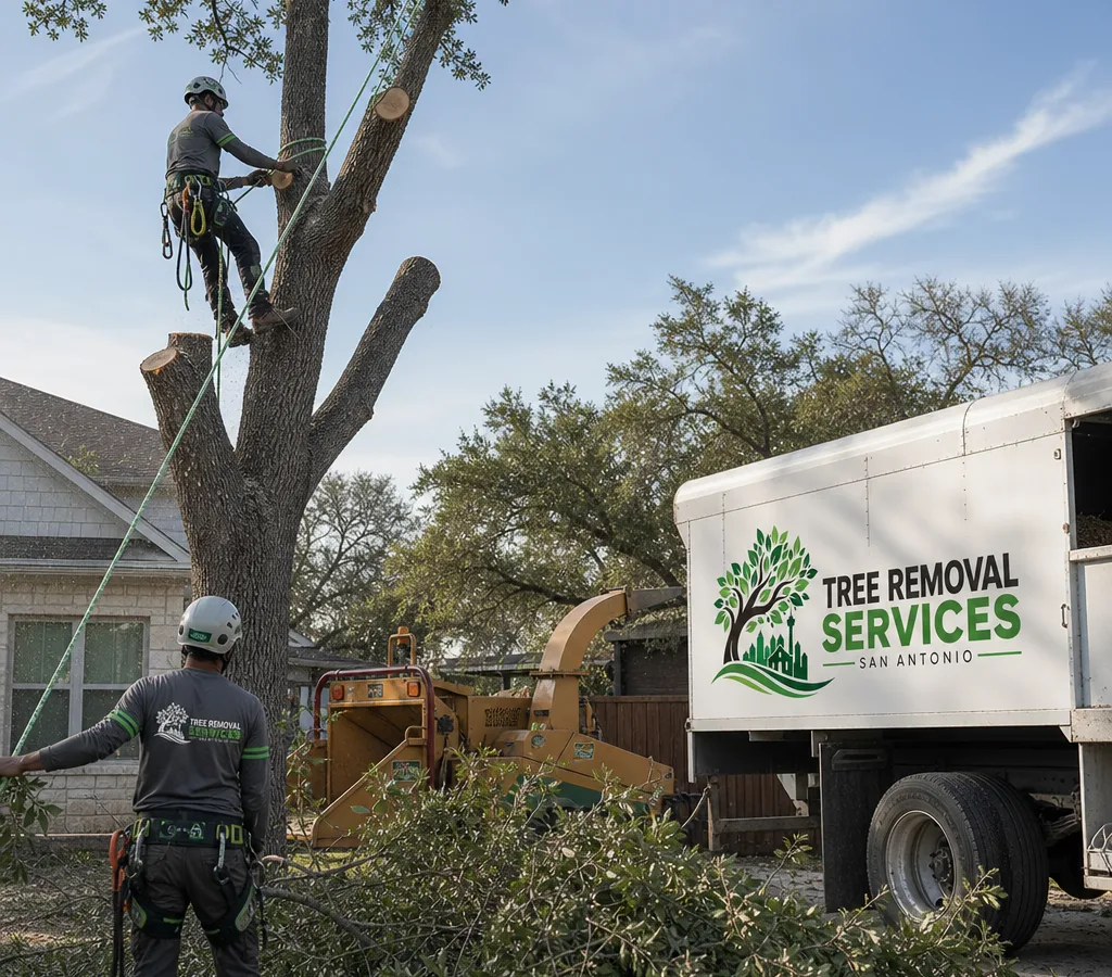 Crew performing a controlled sectional tree takedown in a San Antonio residential yard using ropes, helmets, and saws, with a chipper and debris pile staged safely away from the home