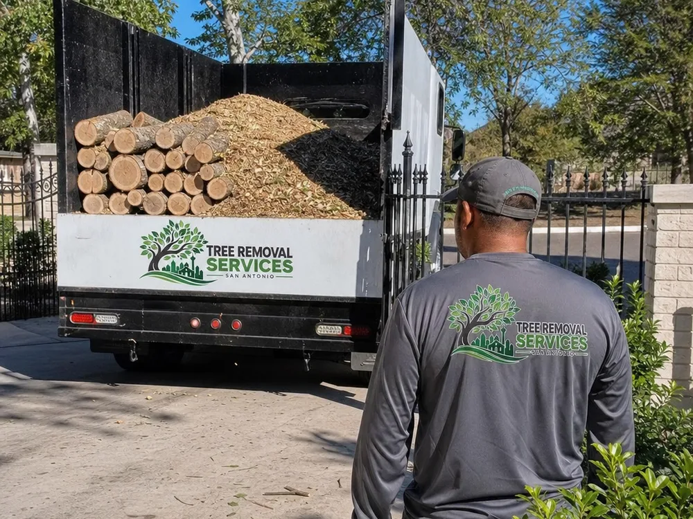 Cut rounds and a chip pile loaded into a truck in an organized work zone near fences and gates