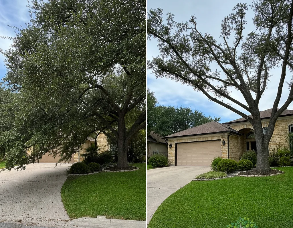 Before-and-after view showing improved driveway and roof clearance while maintaining the tree's natural shape