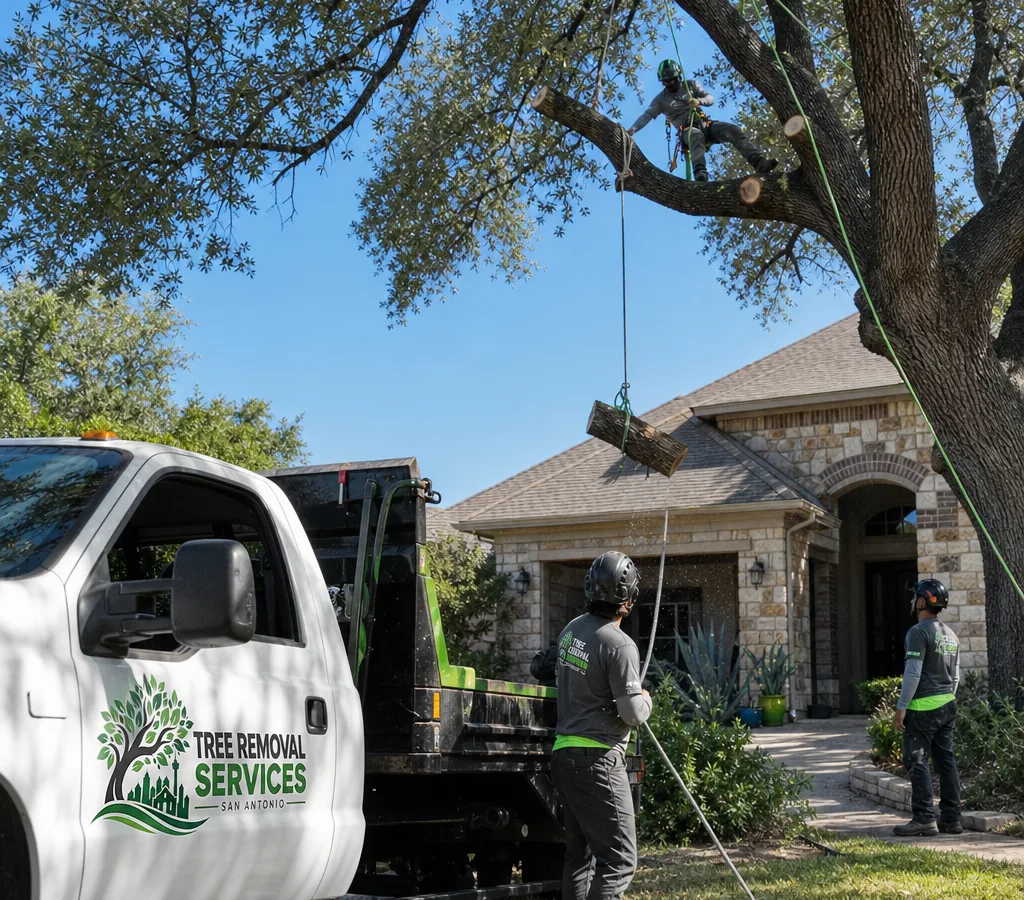 Crew trimming a mature shade tree in a San Antonio front yard using ropes and proper PPE while safely lowering debris