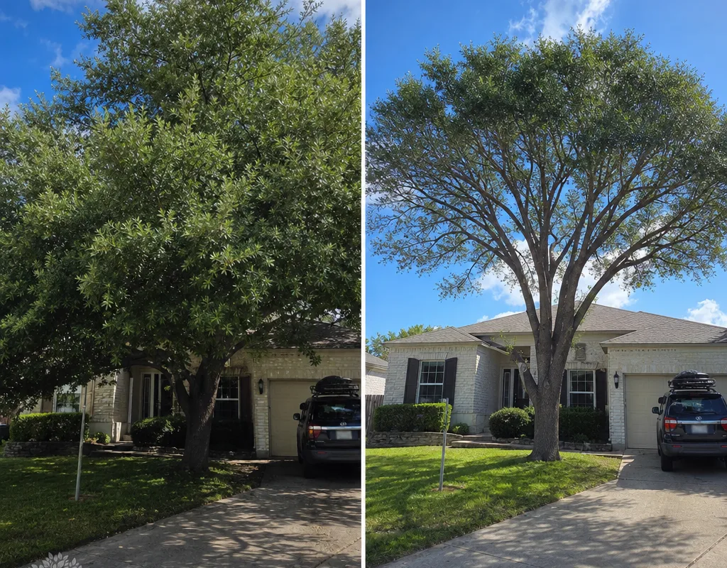 Before and after view of a front-yard shade tree with raised driveway clearance and a balanced canopy