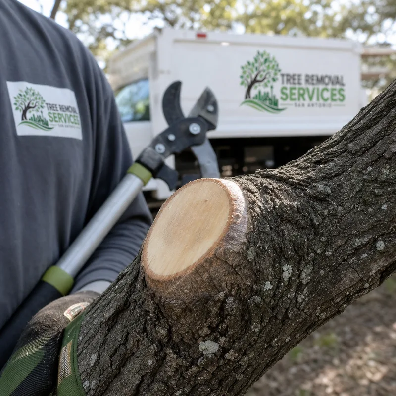 Close-up of a clean pruning cut at the branch collar with intact bark and pruning tools in the background