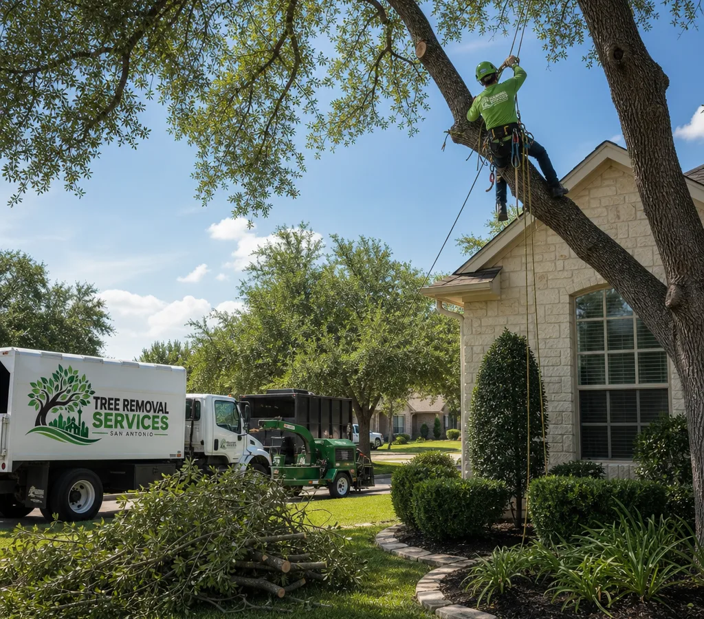 A crew member pruning a mature shade tree in a San Antonio front yard using PPE and rope control with brush stacked for haul-off