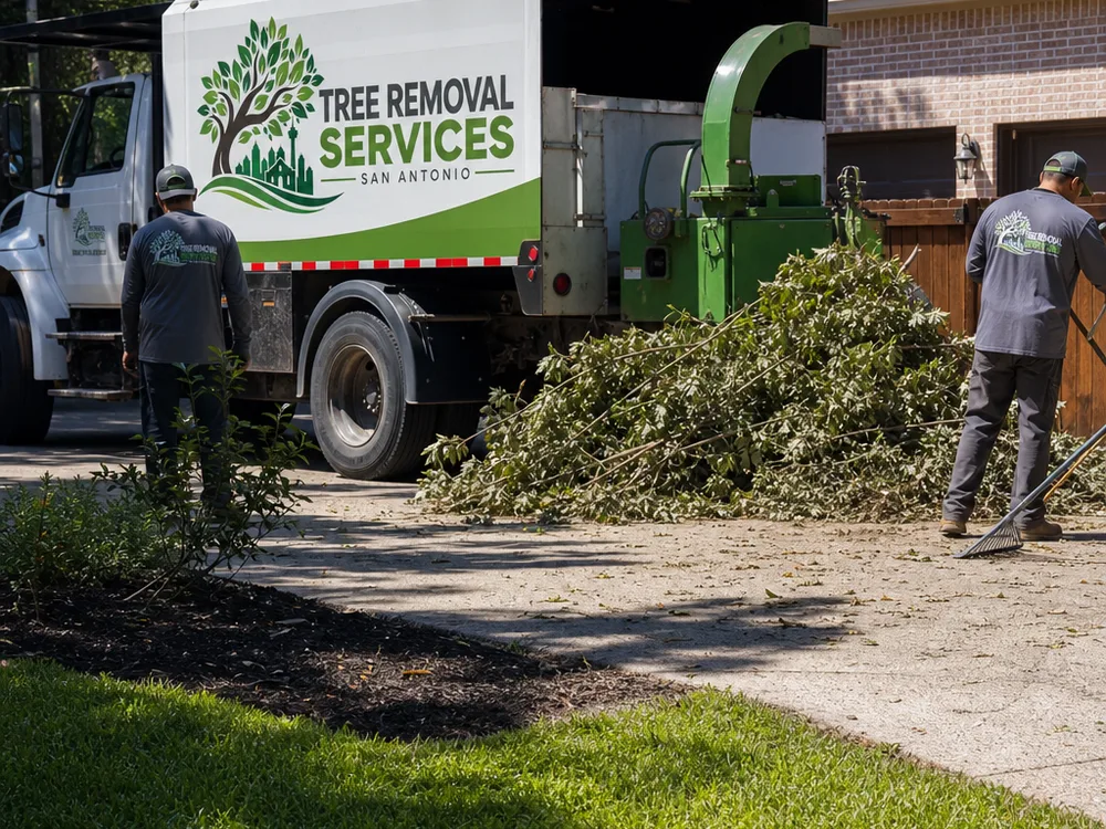 Cleaned work area after pruning with a blown driveway, raked lawn, and organized brush ready for haul-off
