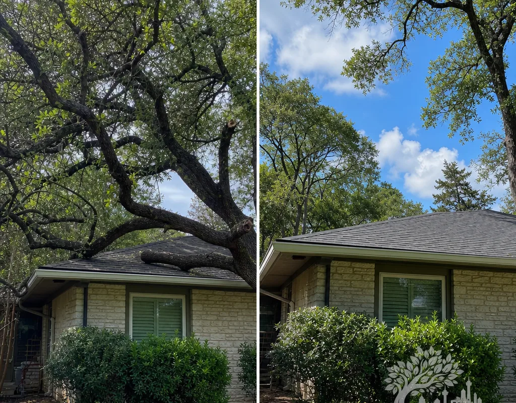 Before and after view of a large shade tree structurally pruned for balanced canopy and improved roof clearance