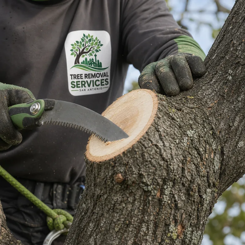 Proper pruning cut outside the branch collar with an arborist's gloved hands and saw visible