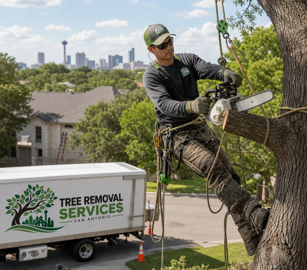 Roped and harnessed arborist making a controlled pruning cut in a San Antonio residential yard with rigging equipment visible