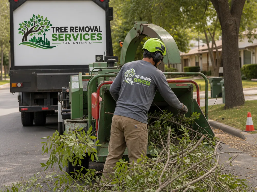 Chipper and neatly staged brush at the curb after pruning with an organized, clean work area