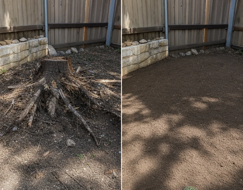Before-and-after San Antonio backyard corner showing a rooted stump near a fence and the area ground, raked, and leveled