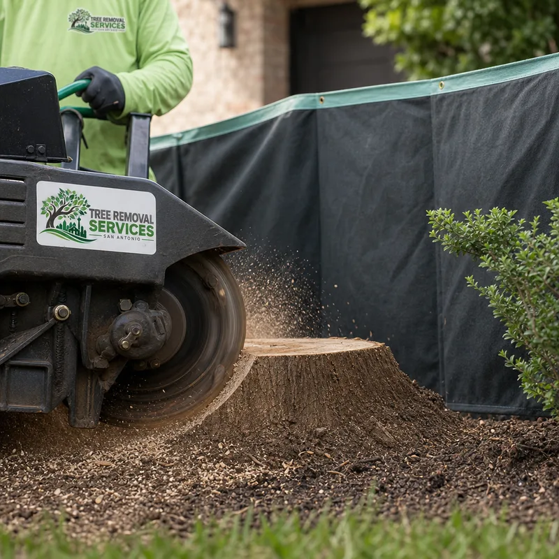Close-up of a stump being ground below grade with controlled chip discharge and protective barriers near landscaping