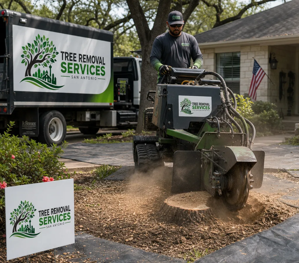 Crew performing stump removal in a San Antonio front yard with a stump grinder, dust control mats, and protected landscaping