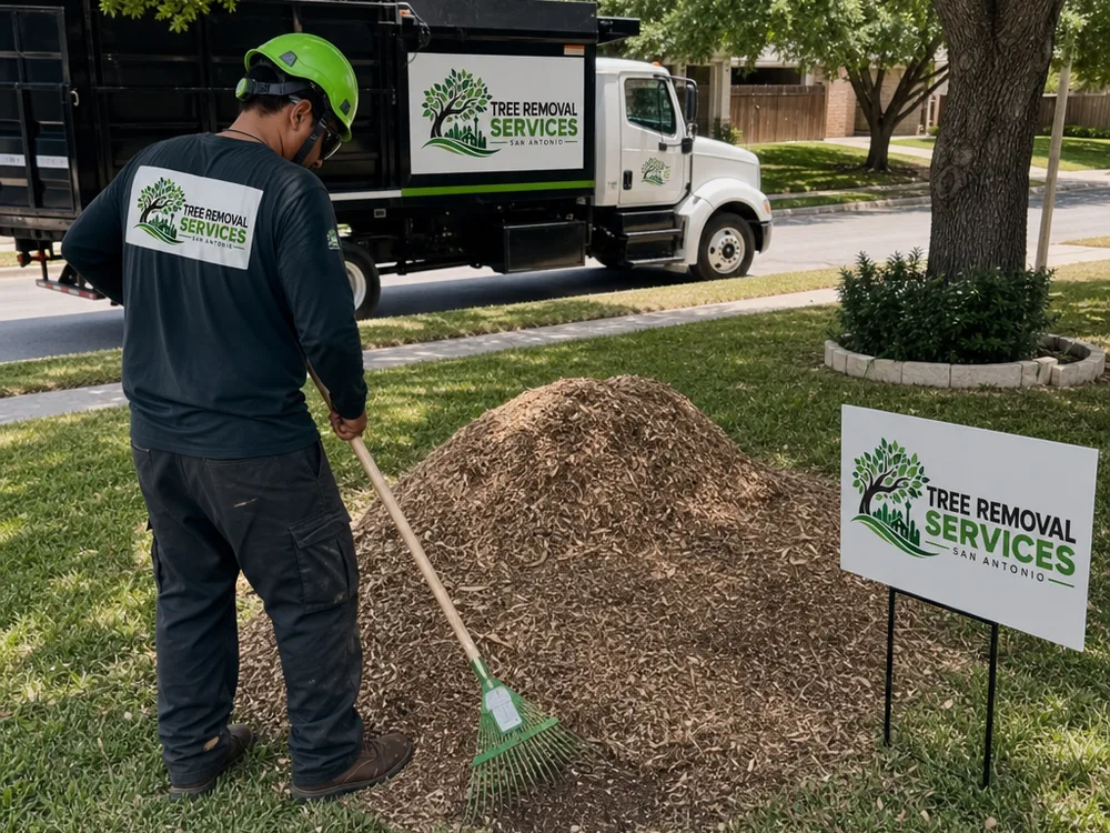 Clean raked stump grinding area with wood chips collected neatly for removal and the surrounding grass protected