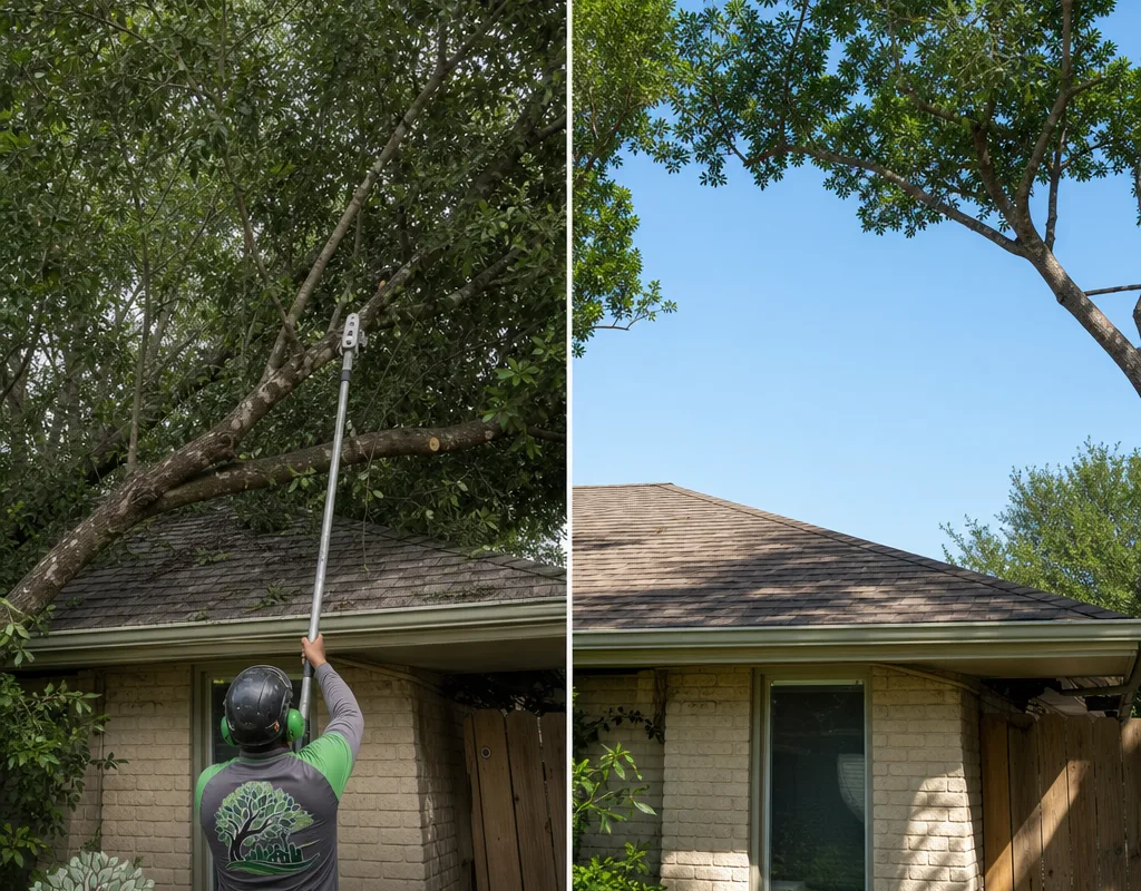 Before-and-after backyard view after a hazardous limb was removed from over a roof and the canopy was raised for clearance