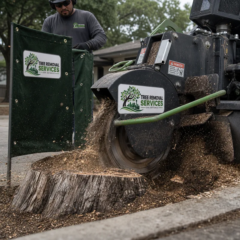 Stump grinder removing a stump below grade with protective barriers containing chips near a driveway edge