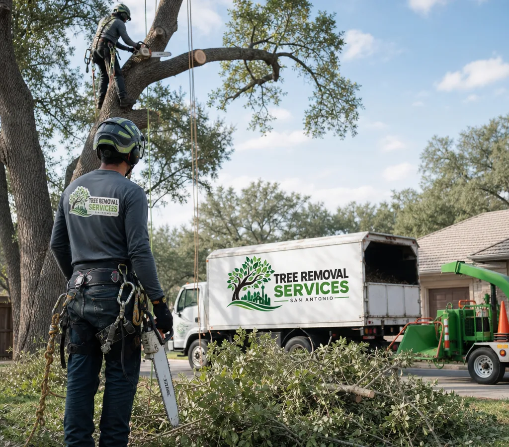 Crew performing professional tree work in a San Antonio residential yard with ropes, saws, neatly staged brush, and a chipper in the driveway