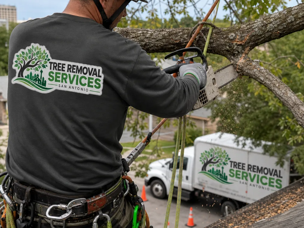 Arborist making a precision pruning cut with PPE and rope rigging positioned to control the limb away from a roof edge