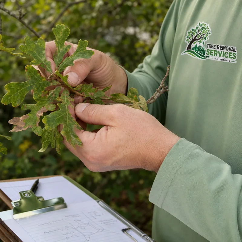Arborist examining oak leaves and small twigs for discoloration and dieback while taking field notes