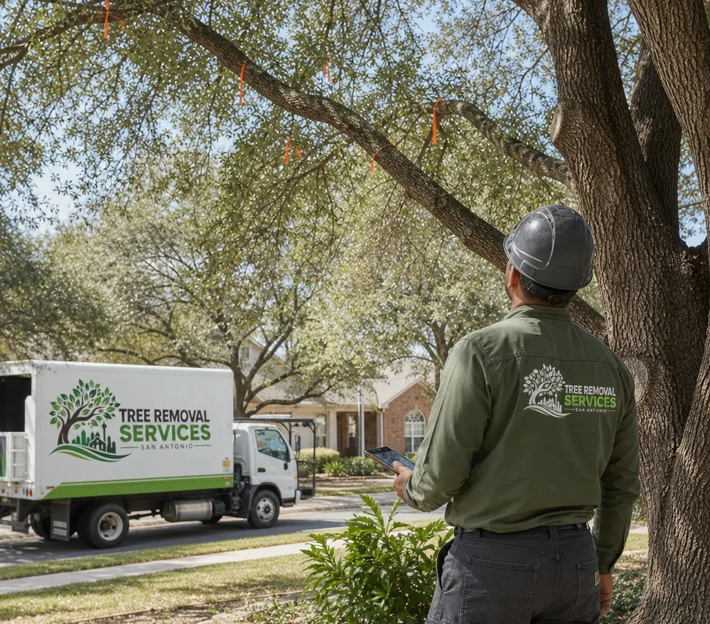 Arborist inspecting a live oak with canopy thinning and flagged branch tips in a San Antonio front yard