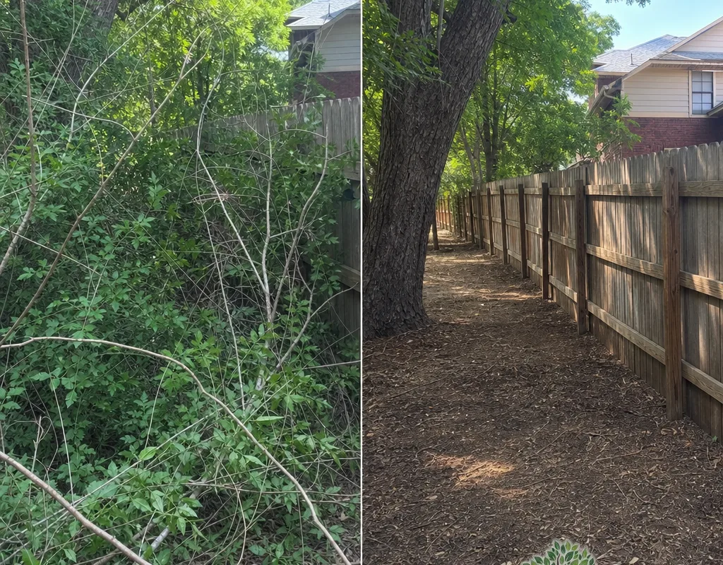 Before and after view of a brush-choked residential lot line cleared for fence installation
