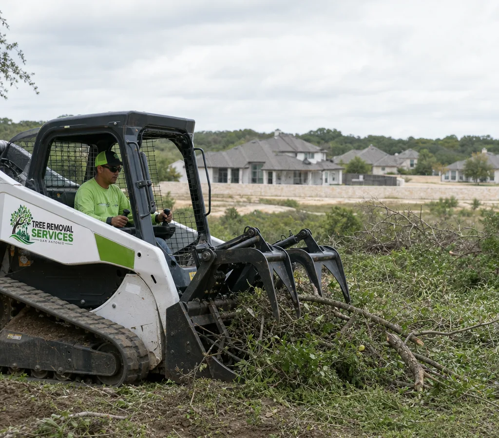 Crew operating a skid steer and grapple on a San Antonio lot while clearing brush and small trees for site preparation