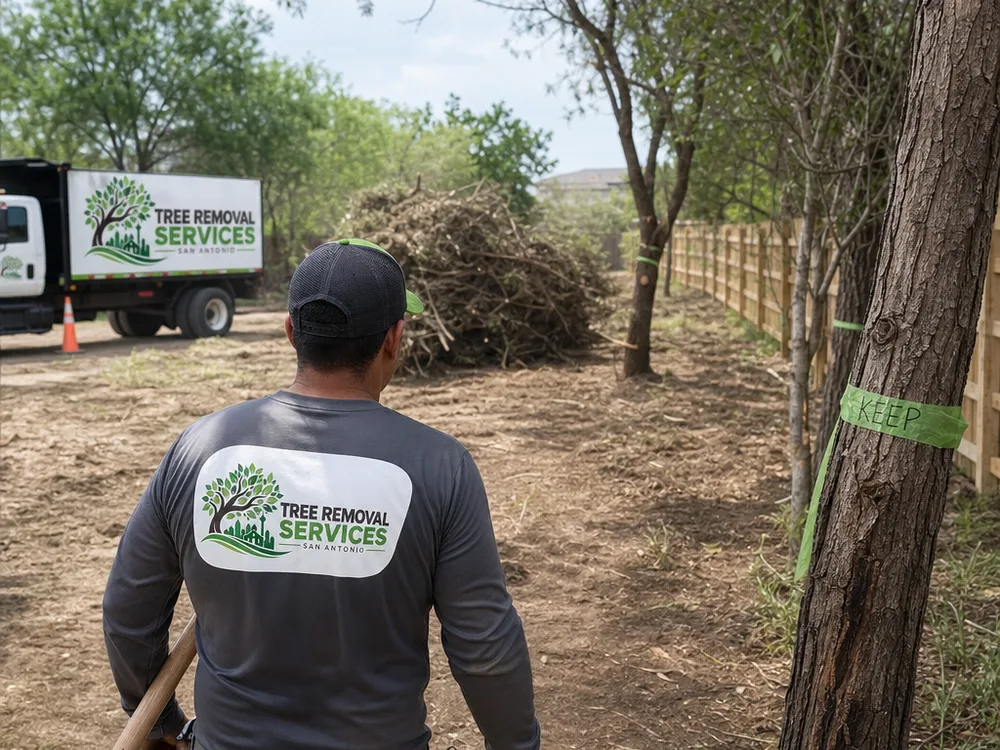 Partially cleared San Antonio lot with marked keep trees, an open fence line, and a planned equipment path