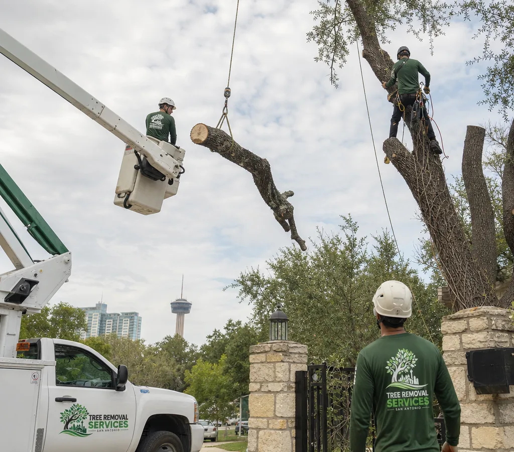 San Antonio tree crew cutting a large limb with ropes and a lowering device near a safely staged bucket truck
