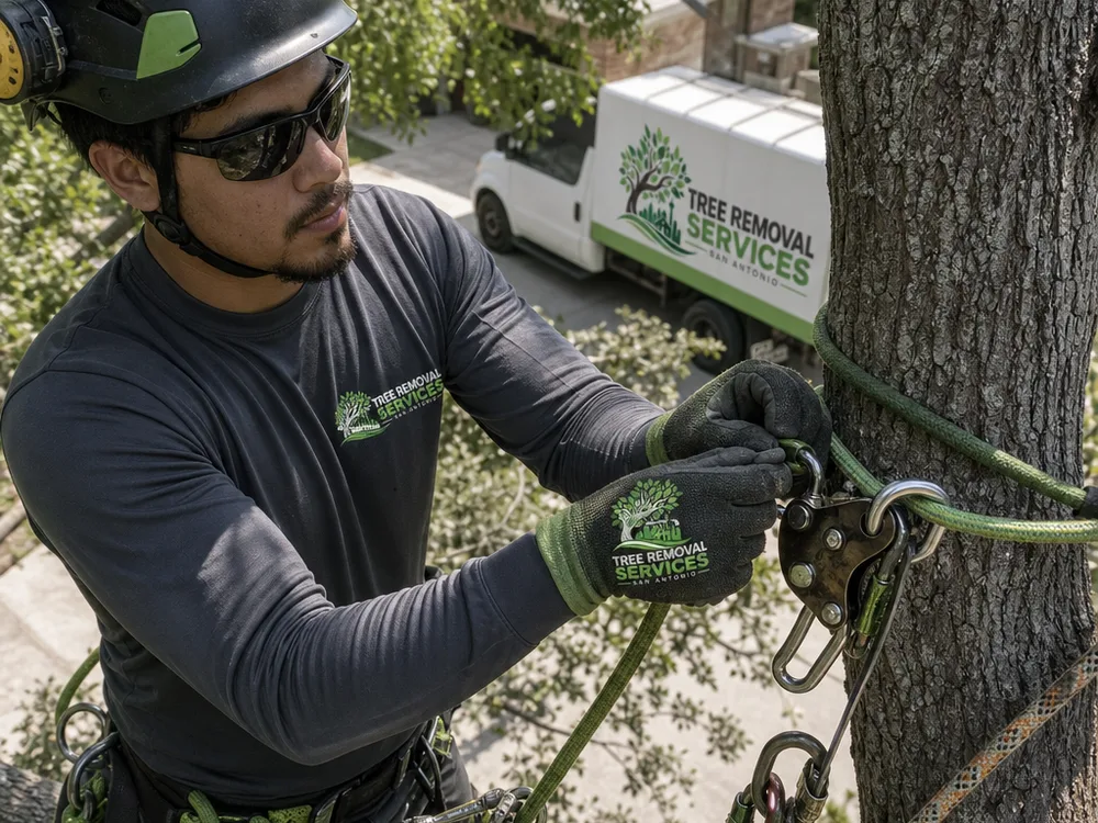 Climber installing a rope and friction device before cutting a large limb over a driveway