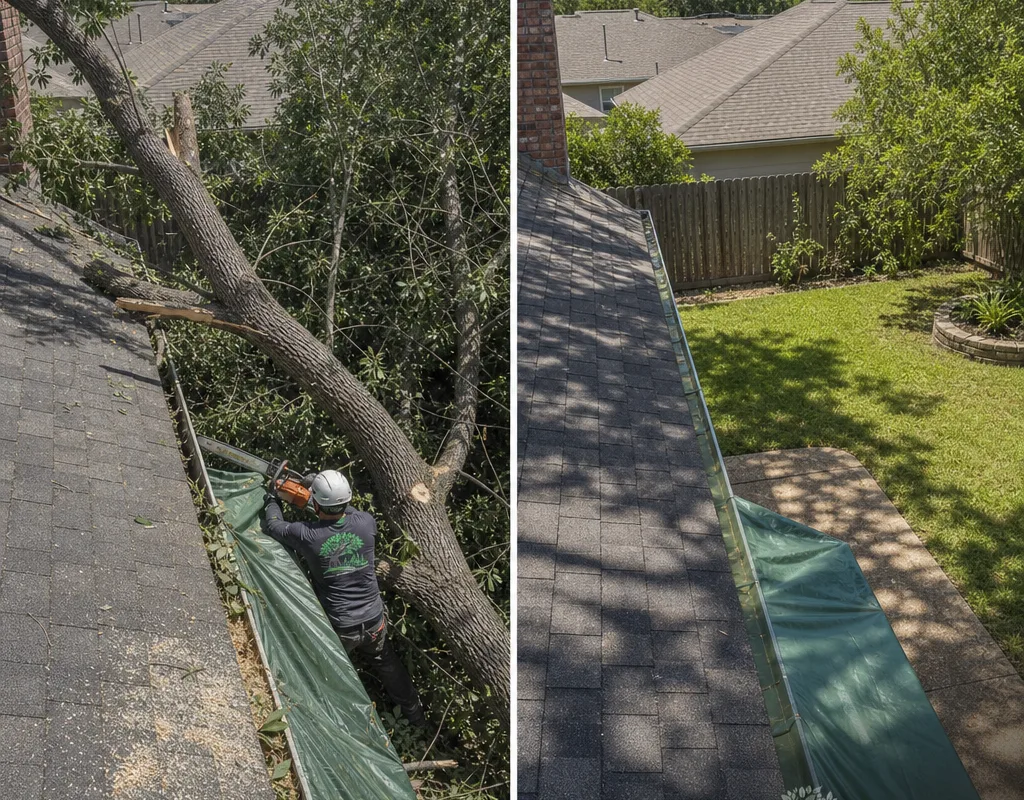 Before and after a large limb removal over a roofline, showing protected shingles and a cleaned yard