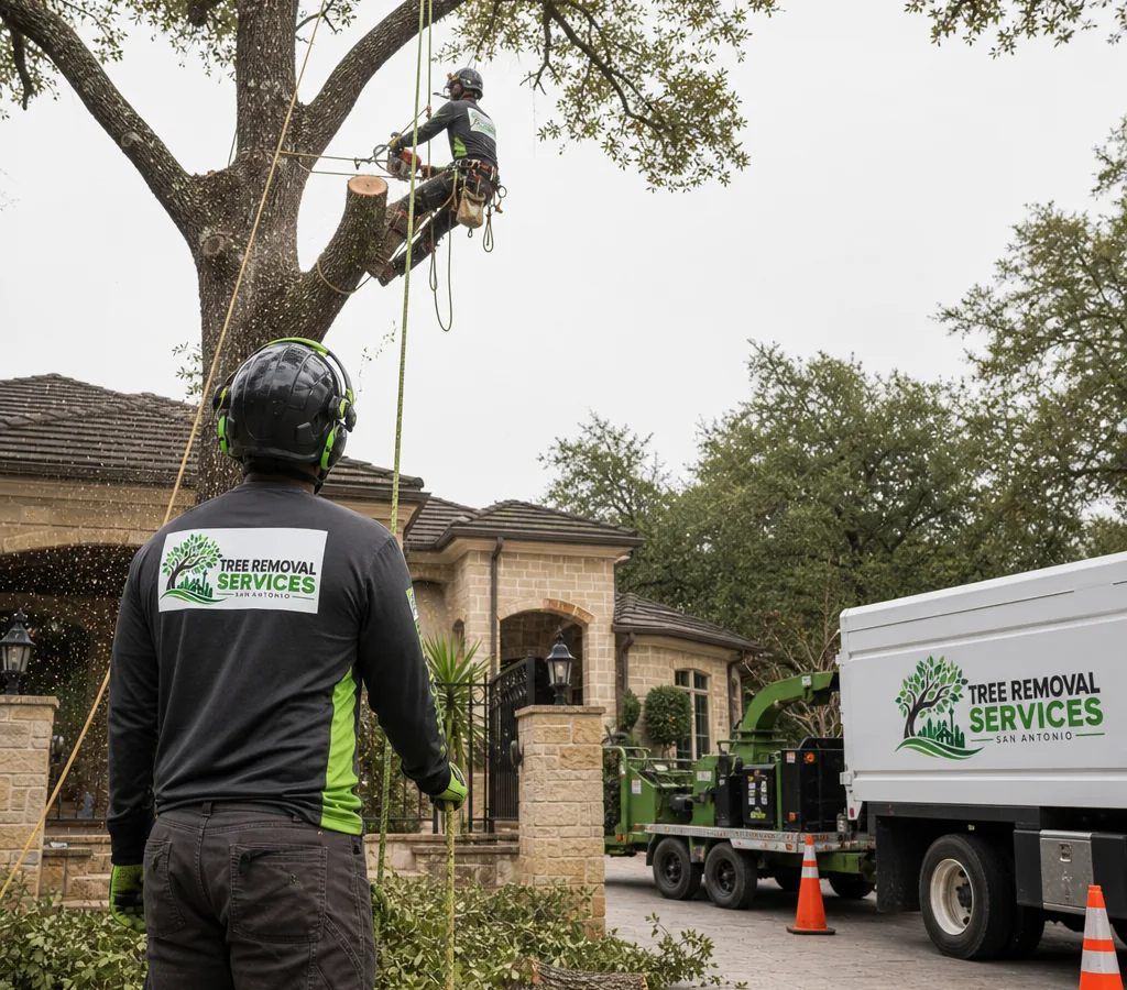 Arborist crew performing a controlled tree removal with ropes and rigging beside a San Antonio home, with cones and a chip truck safely staged