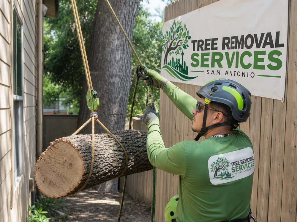 Rigging setup with ropes and a friction device controlling a trunk section into a tight backyard landing zone