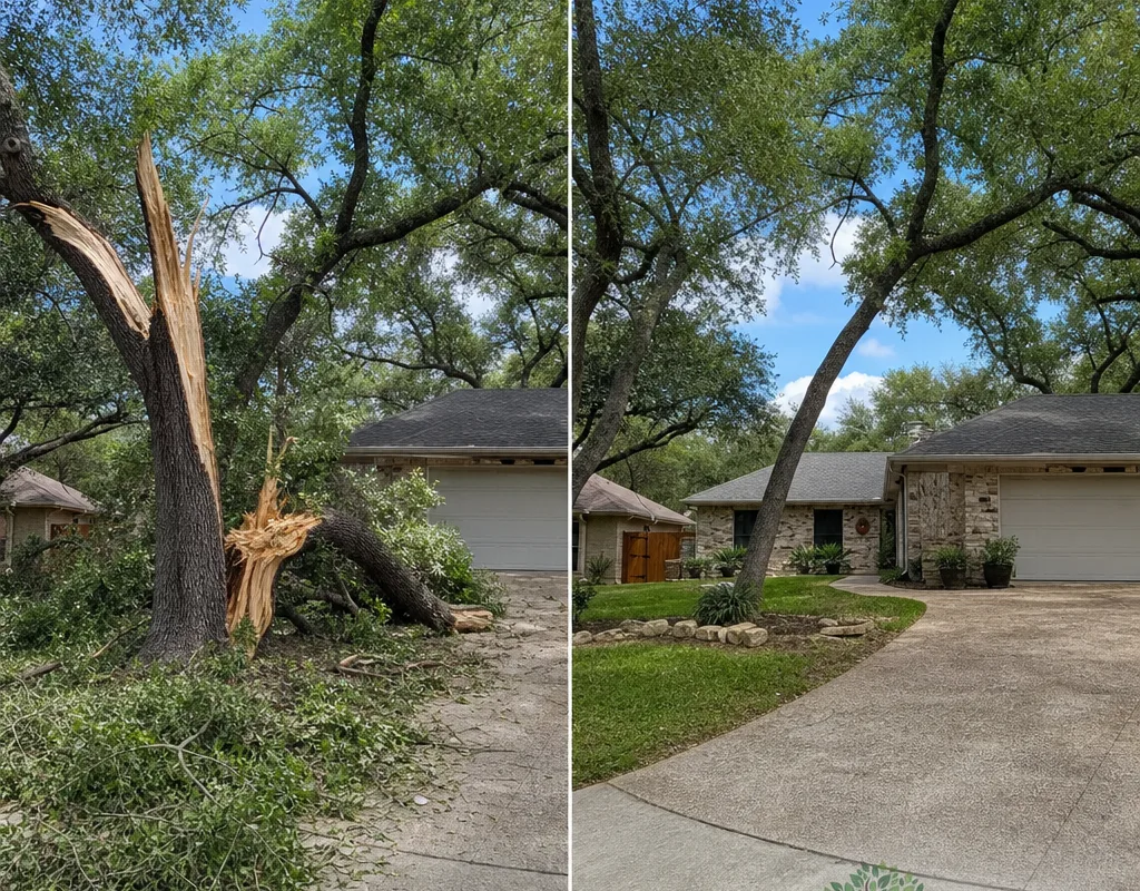 Before and after a storm-split tree near a driveway, followed by the cleared area after hazard removal and debris hauling