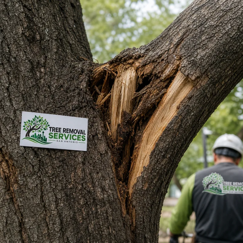 Close detail of a cracked trunk and torn branch union documented after a storm and before removal