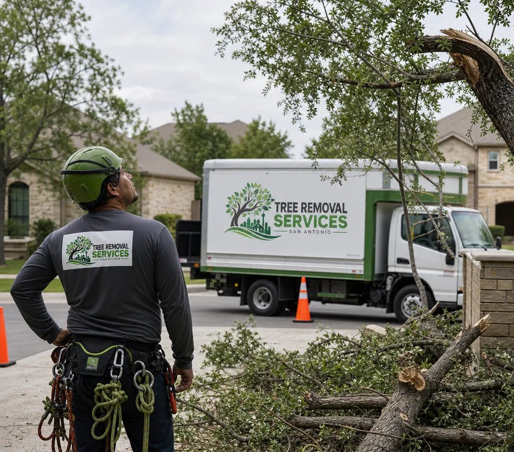 Arborist assessing a storm-damaged tree near a San Antonio driveway with cones and a work truck safely staged nearby