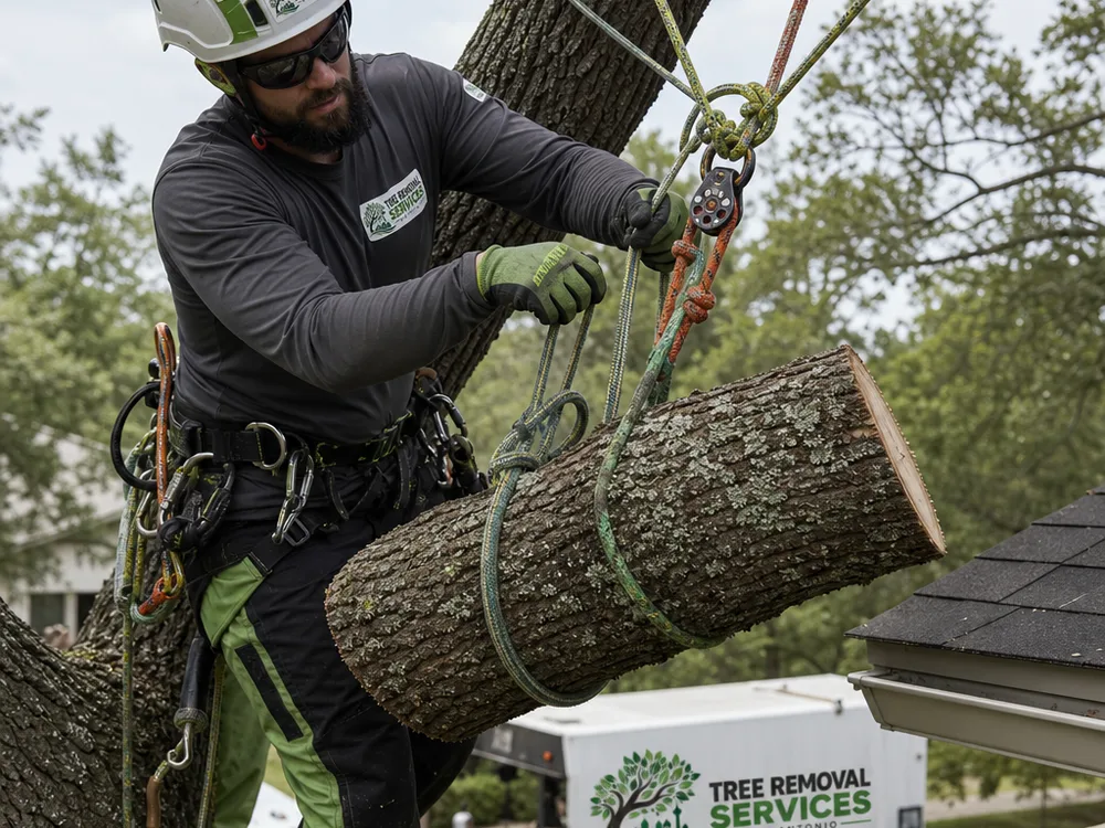 Climber using ropes to lower a storm-damaged heavy limb away from a roof edge