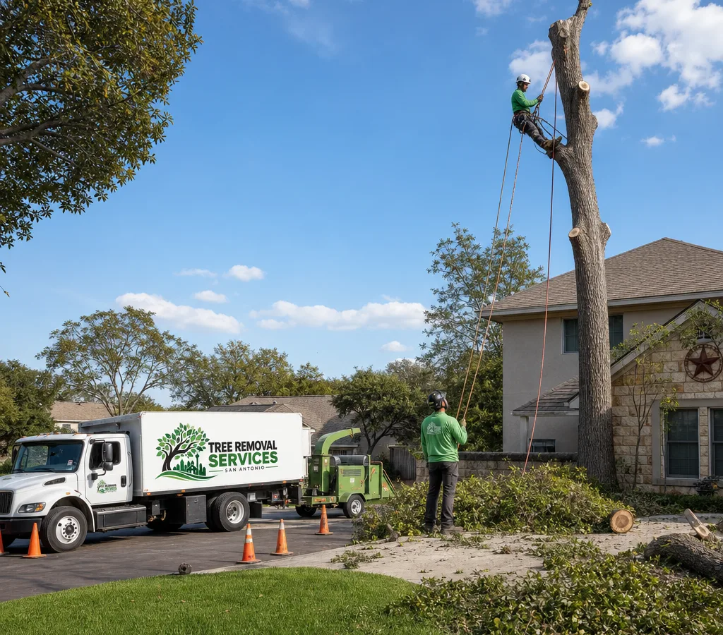 Crew performing a controlled tree removal in a San Antonio residential yard with ropes, rigging, and a chipper staged safely in the driveway