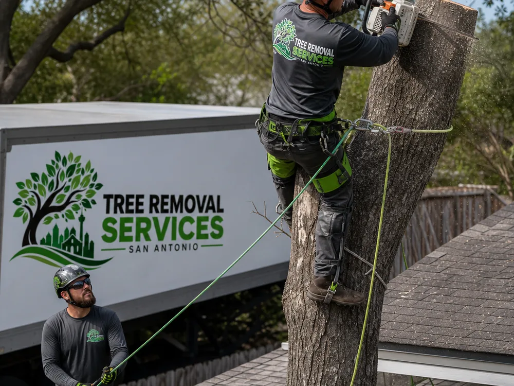 Arborist making a controlled top cut while another crew member manages a lowering line near a roof and fence