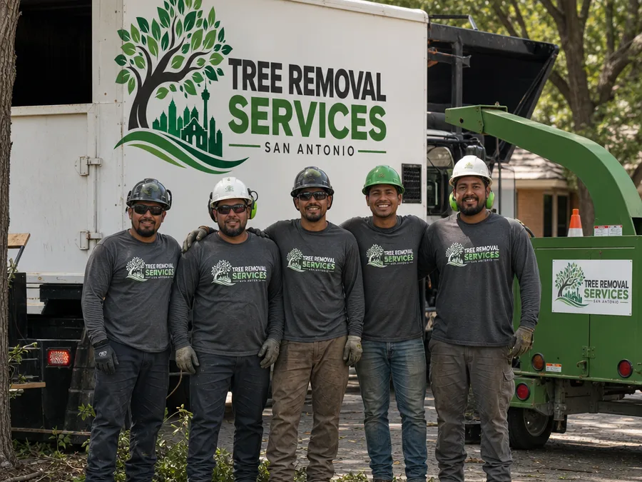Tree removal crew in personal protective equipment beside their truck and chipper at a completed San Antonio residential jobsite